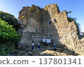 Climbers ascending the rocky peak below the Takatori Mountain observation deck. 137801341