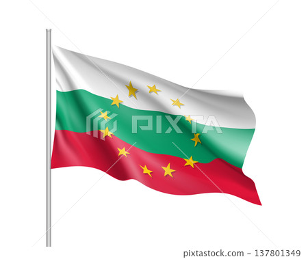 Bulgaria national waving flag with a circle of European Union twelve gold stars, symbol of unity with EU, member since 1 January 2007. Realistic vector illustration Bulgaria national waving flag with a circle of European Union twelve gold stars, symbol of unity with EU, member since 1 January 2007. Realistic vector illustration 137801349