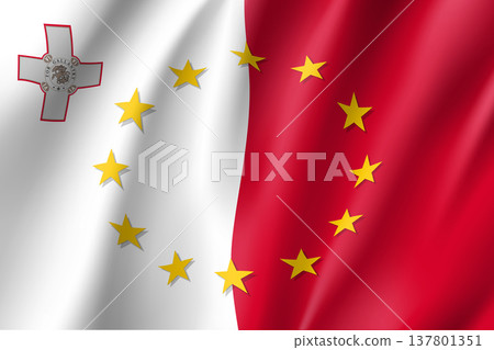 Malta national flag with a circle of European Union twelve gold stars, identity and unity with EU, member since 1 May 2004. Realistic vector style illustration Malta national flag with a circle of European Union twelve gold stars, identity and unity with EU, member since 1 May 2004. Realistic vector style illustration 137801351
