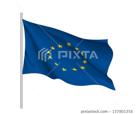 Waving flag of European union. Illustration of EU flag on flagpole with yellow stars on blue color. Vector 3d icon isolated on white background. Waving flag of European union. Illustration of EU flag on flagpole with yellow stars on blue color. Vector 3d icon isolated on white background. 137801358