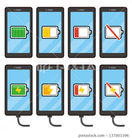 一組插圖，展示了帶有電池圖示的智慧型手機和正在充電的智慧型手機。 137801396