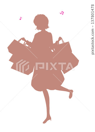 A woman carrying many shopping bags; spring; silhouette. A woman carrying many shopping bags; spring; silhouette. 137801478