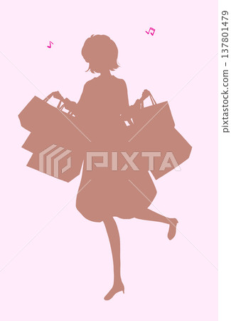一位女士提著許多購物袋；春天；剪影。 137801479