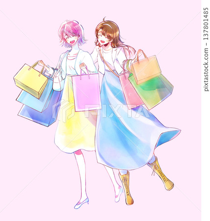 春天裡，兩位女士提著許多購物袋，面帶微笑。 137801485