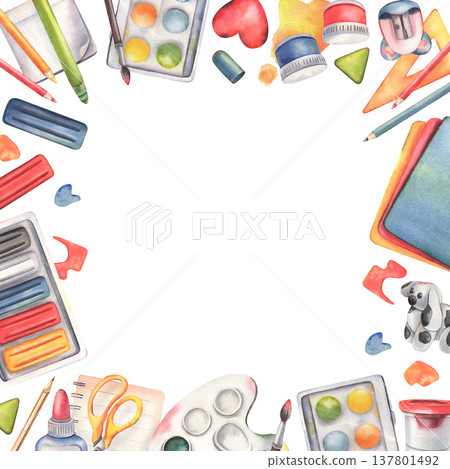 Hand-painted watercolor square frame, art, craft supplies, paints, clay, stationary, isolated on white background. Perfect for kids posters, creative workshop ads, school designs, invitations, decor 137801492