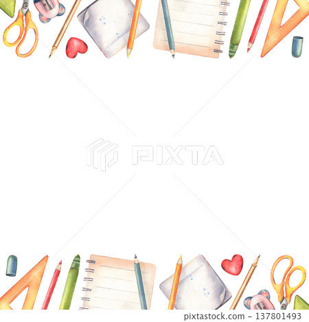 Hand-painted watercolor square frame, stationary, pencils, ruler, eraser, sharpener, notebook, isolated on white. Perfect for kids posters, education materials, school designs, invitations, decor Hand-painted watercolor square frame, stationary, pencils, ruler, eraser, sharpener, notebook, isolated on white. Perfect for kids posters, education materials, school designs, invitations, decor 137801493