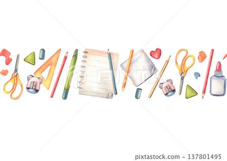 Hand-painted watercolor seamless border, stationary, pencils, ruler, eraser, sharpener, notebook, isolated on white. Perfect for kids posters, education materials, school designs, invitations, decor 137801495
