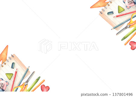 Hand-painted watercolor horizontal frame, stationary, pencils, ruler, eraser, sharpener, notebook, isolated on white. Perfect for kids posters, education materials, school designs, invitations, decor 137801496