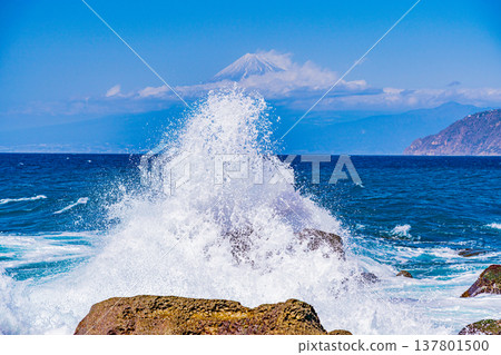 (靜岡縣)從西伊豆戶田海岸眺望富士山,那裡波濤洶湧,拍打著海岸。 (靜岡縣)從西伊豆戶田海岸眺望富士山,那裡波濤洶湧,拍打著海岸。 137801500