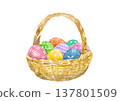 一幅手繪水彩插圖，描繪了籃子裡的復活節彩蛋。 137801509