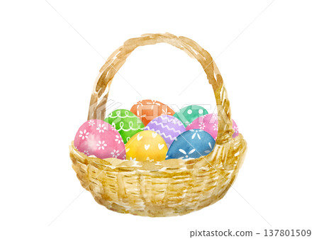 A hand-drawn watercolor illustration of Easter eggs in a basket. A hand-drawn watercolor illustration of Easter eggs in a basket. 137801509