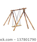 Watercolor wooden nomadic swing frame with ropes traditional steppe playground 137801790
