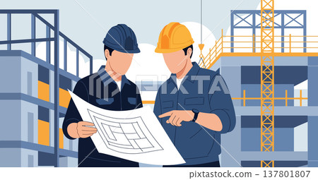 Two construction engineers in safety helmets are working on a construction site Two construction engineers in safety helmets are working on a construction site 137801807
