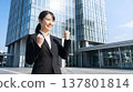 Image of a Japanese woman in a business suit psyching herself up in front of her company (AI generated) 137801814