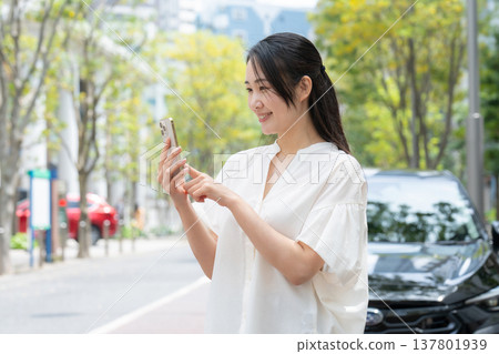 Woman, car, smartphone, rideshare Woman, car, smartphone, rideshare 137801939