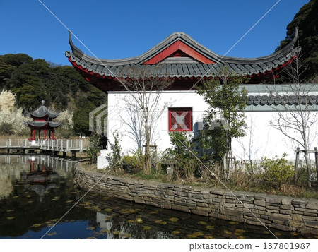 Shanghai Yokohama Friendship Garden (Gyokulan Hall, Pond, Koxintei) located in Honmoku Civic Park in Yokohama City 137801987