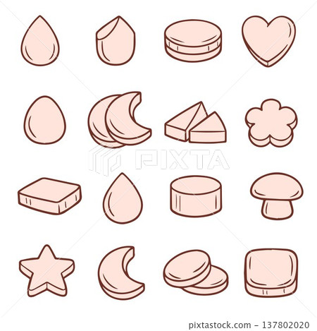 A set of pink makeup sponges—round, teardrop, and cone-shaped—for applying foundation and powder. Soft, pastel-colored beauty tools with a smooth, matte finish. Doodle style. 137802020