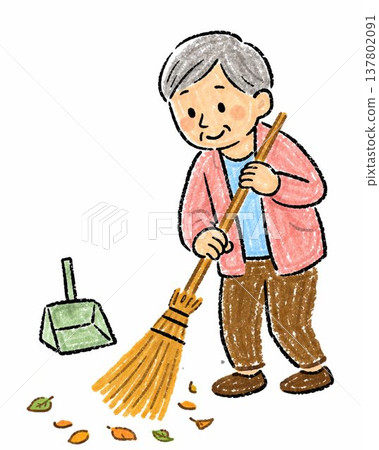 An old woman sweeping the sidewalk with a bamboo broom. An old woman sweeping the sidewalk with a bamboo broom. 137802091