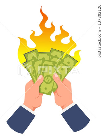 Businessmans hands hold burning green money. Financial inflation. Recession or economy crisis. Banknotes in fire flame. Wealth loss. Currency devaluation. Cash ignition. Vector concept 137802126