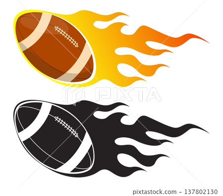 Flying American football in tongues of flame and fire. Fiery tournament. Speed shot. Fast goal. Game competition. Ignition heat. Rugby black silhouette. Flammable fly. Vector sports logo Flying American football in tongues of flame and fire. Fiery tournament. Speed shot. Fast goal. Game competition. Ignition heat. Rugby black silhouette. Flammable fly. Vector sports logo 137802130