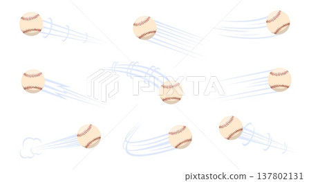 Flying baseball with airflow marks. Championship shot and pass. Movement trajectory. Track effect. Speed motion flow. Athletic match. Orb hit. Flight stream trail. Jet traces vector set 137802131
