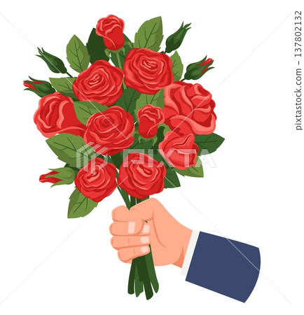 Hand of man in blue suit is holding beautiful bouquet of red roses. Male arm giving flowers bunch. Anniversary gift. Lover proposal. Romantic dating. Blooming blossoms. Vector concept 137802132