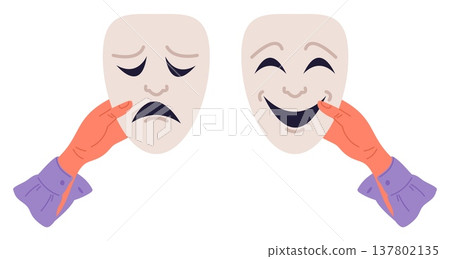 Hands holding cheerful and sad theatrical mask. Theatric comedy and tragedy. Emotional expression faces. Masquerade grimace. Happy and upset emotions. Vector concept of mood changeability 137802135