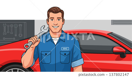Auto Mechanic Smiling in Workshop Auto Mechanic Smiling in Workshop 137802147
