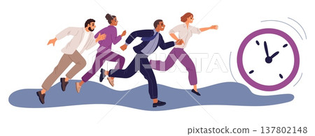 Men and women chase after clock. Time management. Missed deadlines. Businessmen running for timepiece. Watch dial. Business colleagues rival run. Hurrying employees. Vector concept 137802148