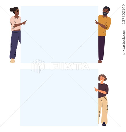 Men and women peek out from behind blank poster and point fingers. Advertising template or announcement People holding information placard. Business presentation. Vector backgrounds set Men and women peek out from behind blank poster and point fingers. Advertising template or announcement People holding information placard. Business presentation. Vector backgrounds set 137802149