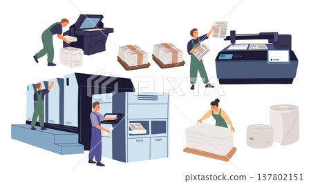 Men and women work in printing house. Workers creating fresh paper newspapers with news. Polygraphy equipment. Typography professional machines. Press office. Vector printhouse elements set 137802151