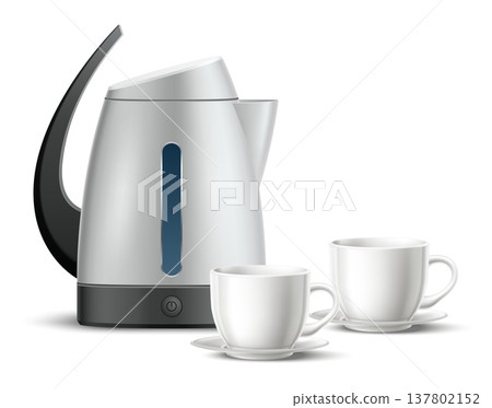 Realistic electric kettle and two white porcelain tea cups insulated on white background. Metal teapot. Household appliance. Kitchen equipment. Ceramic mugs. Vector isolated 3D objects 137802152