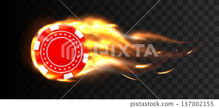 Realistic red casino chip on fire. Gambling coin in flame. Vegas winning isolated token in transparent background. Blazing bet circle flight. Vector design element for gamble advertising 137802155