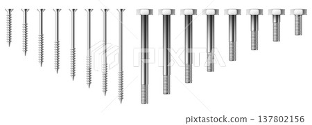 Realistic screws and bolts of various sizes. Silver rivets side view. Hardware assortment. Self-tapping fastening. Carpentry tool. Vector set of steel fasteners on white background 137802156