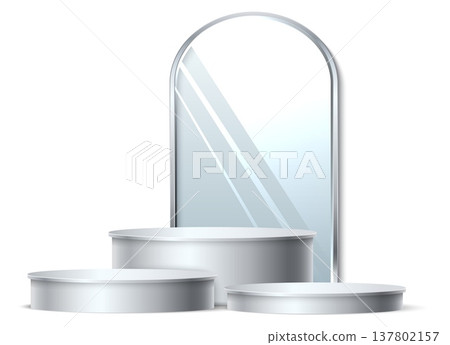 Realistic silver podium with arched mirror in background. Metal cylinder platform. 3D stage showcase. Exhibition stand. Vector mockup pedestal for product presentation or advertising Realistic silver podium with arched mirror in background. Metal cylinder platform. 3D stage showcase. Exhibition stand. Vector mockup pedestal for product presentation or advertising 137802157