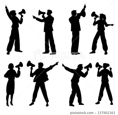 Silhouettes of men and women with megaphones arguing with each other. Furious quarrel. Angry people with loudspeakers. Misunderstanding and divorce. Shouting blames. Vector couples set Silhouettes of men and women with megaphones arguing with each other. Furious quarrel. Angry people with loudspeakers. Misunderstanding and divorce. Shouting blames. Vector couples set 137802161