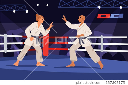 Two karate fighters battle it out in ring. Martial arts competition. Strong athletes in kimono. Sport tournament. Opponents sparring. Judo championship. Taekwondo battle. Vector concept 137802175