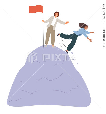 Woman pushes another female off mountain top. Competition in life and business. Dishonest behavior. Unfair rivalry. Winners team conflict. Businesswoman career victory. Vector concept Woman pushes another female off mountain top. Competition in life and business. Dishonest behavior. Unfair rivalry. Winners team conflict. Businesswoman career victory. Vector concept 137802176