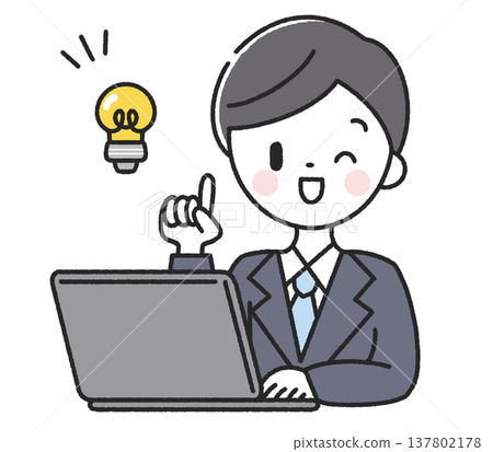 一名男員工坐在電腦前時突然想到一個主意。 一名男員工坐在電腦前時突然想到一個主意。 137802178