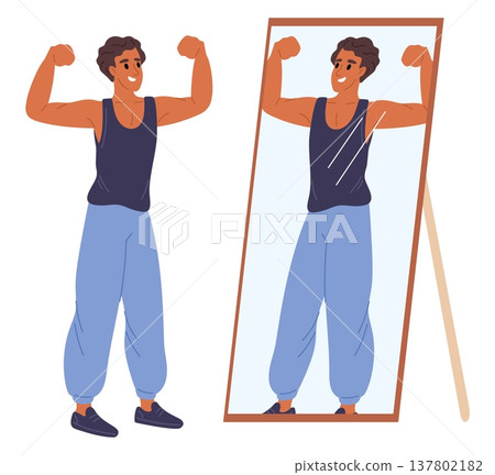 Young athletic man shows off his muscles in reflection of large mirror. Muscular body. Sportsman posing or looking at appearance. Happy bodybuilder. Fitness motivation. Vector concept Young athletic man shows off his muscles in reflection of large mirror. Muscular body. Sportsman posing or looking at appearance. Happy bodybuilder. Fitness motivation. Vector concept 137802182