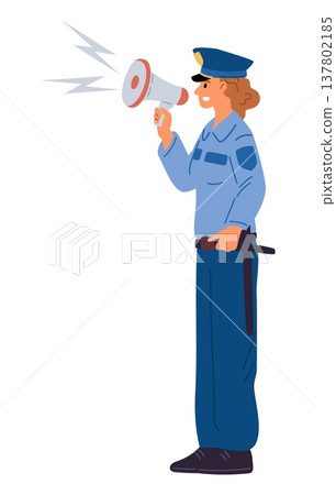 Young female police officer with megaphone in hand makes important announcement. Public speaker. Sheriff announce. Woman with loudspeaker. Policeman message. Patrol info. Vector concept Young female police officer with megaphone in hand makes important announcement. Public speaker. Sheriff announce. Woman with loudspeaker. Policeman message. Patrol info. Vector concept 137802185