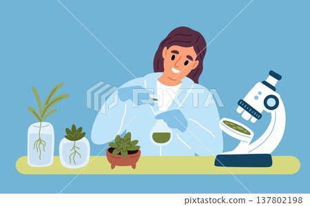 Young female scientist studies plant structure. Genetic engineering and biochemistry. Biologist conducting experiments in laboratory. Lab microscope. Botanical research. Vector concept Young female scientist studies plant structure. Genetic engineering and biochemistry. Biologist conducting experiments in laboratory. Lab microscope. Botanical research. Vector concept 137802198