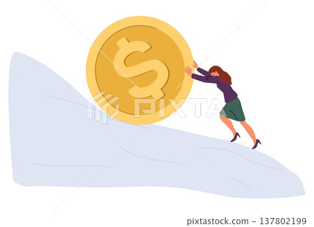Young girl rolling large gold coin uphill. Difficulties of earning money for women. Overcome challenge. Career gender unfair. Business discrimination. Striving for success. Vector concept 137802199