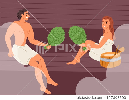 Young man and woman are relaxing in sauna or bathhouse using birch branches and steam. People sitting on bench. Hygiene and beauty. Spa procedure. Relaxation and wellness. Vector concept 137802200