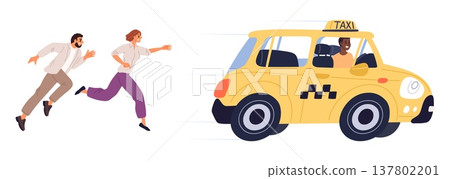 Young man and woman are running after yellow taxi. Couple try to catch cab. People chase automobile. Hurrying passengers run. City transportation. Driver in vehicle cabin. Vector concept 137802201