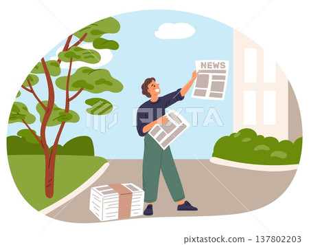 Young man sells paper newspapers with breaking news. Street seller. Newsboy shouting announce of selling journals. Daily periodical sale at city road. Publication retail. Vector concept Young man sells paper newspapers with breaking news. Street seller. Newsboy shouting announce of selling journals. Daily periodical sale at city road. Publication retail. Vector concept 137802203