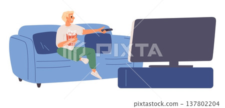 Young man with bag of popcorn sitting on sofa and watching movie on large TV. Guy on couch in front of television. Living room. Home entertainment. Weekend lazy leisure. Vector concept Young man with bag of popcorn sitting on sofa and watching movie on large TV. Guy on couch in front of television. Living room. Home entertainment. Weekend lazy leisure. Vector concept 137802204