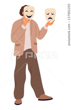 Young man with cheerful and sad masks. Split personality. Mood swings. Emotion expression. Theatrical comedy and tragedy faces. Male insincerity. Facial disguise. Vector hypocrisy concept Young man with cheerful and sad masks. Split personality. Mood swings. Emotion expression. Theatrical comedy and tragedy faces. Male insincerity. Facial disguise. Vector hypocrisy concept 137802205