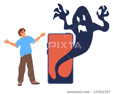 Young man with frightened expression on his face looks at monster on phone. Spooky boogeyman shadow. Scared smartphone user. Afraid of ghost shade from cellphone screen. Vector concept 137802207