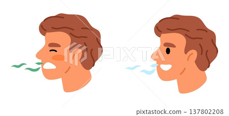 Young man with unpleasant odor and fresh breath. Smell from mouth. Oral care and hygiene. Unhealthy teeth. People suffering from halitosis. Breathing freshness. Male head. Vector concept Young man with unpleasant odor and fresh breath. Smell from mouth. Oral care and hygiene. Unhealthy teeth. People suffering from halitosis. Breathing freshness. Male head. Vector concept 137802208